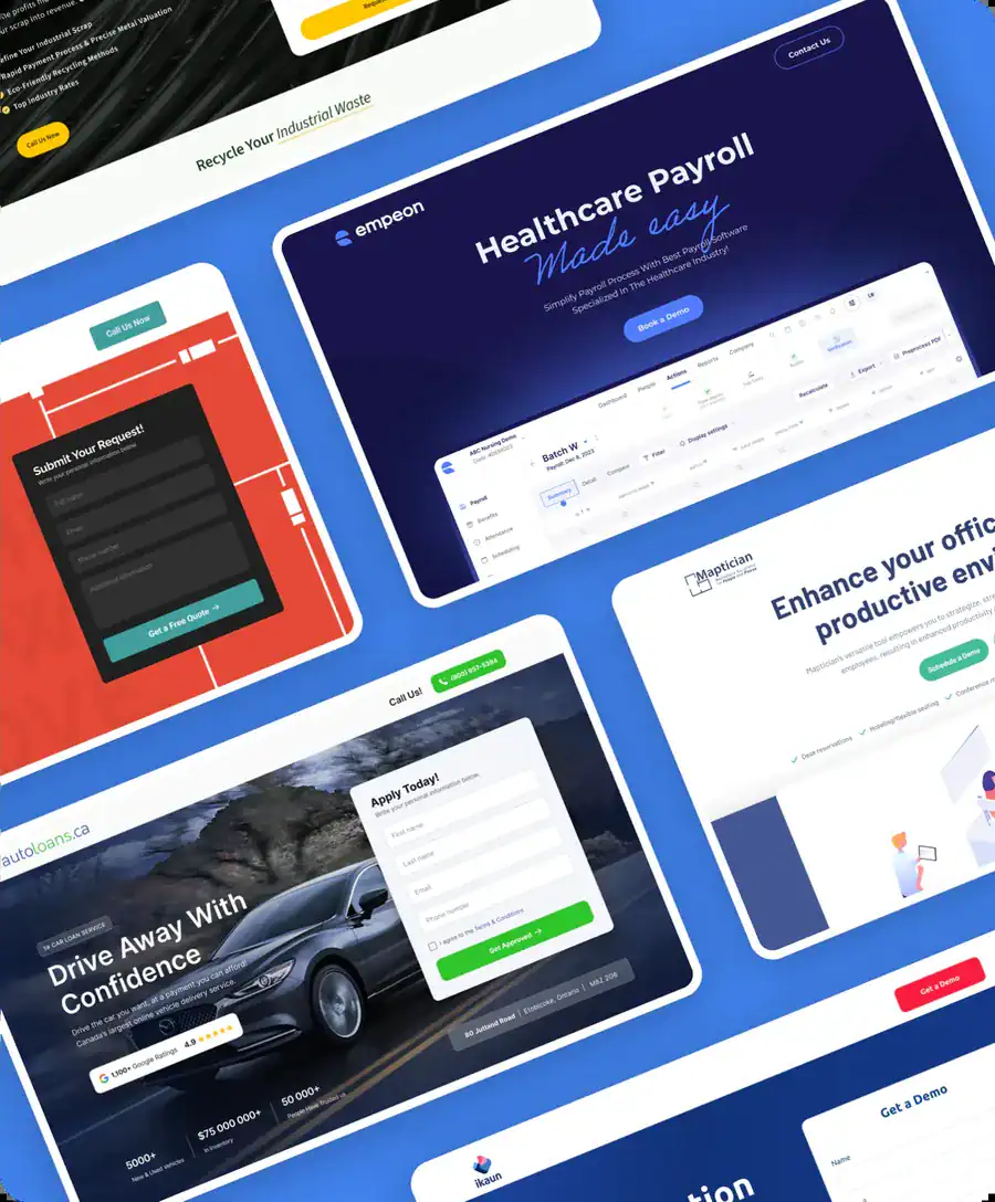 Landing pages Clickem built for lead generation and demo booking campaigns